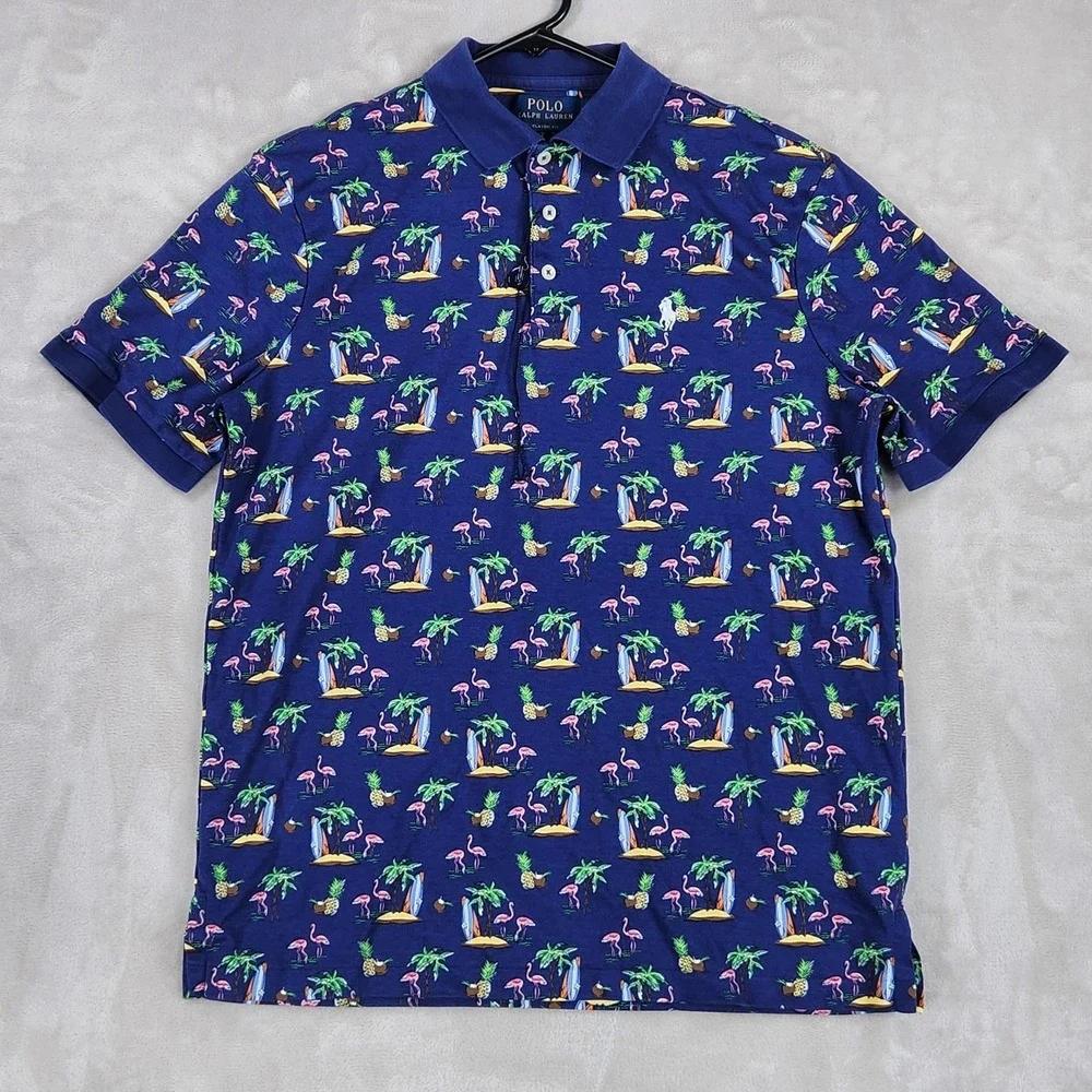 Polo Ralph Lauren Polo Shirt Mens Medium Blue Flamingo Tropical Print Beach